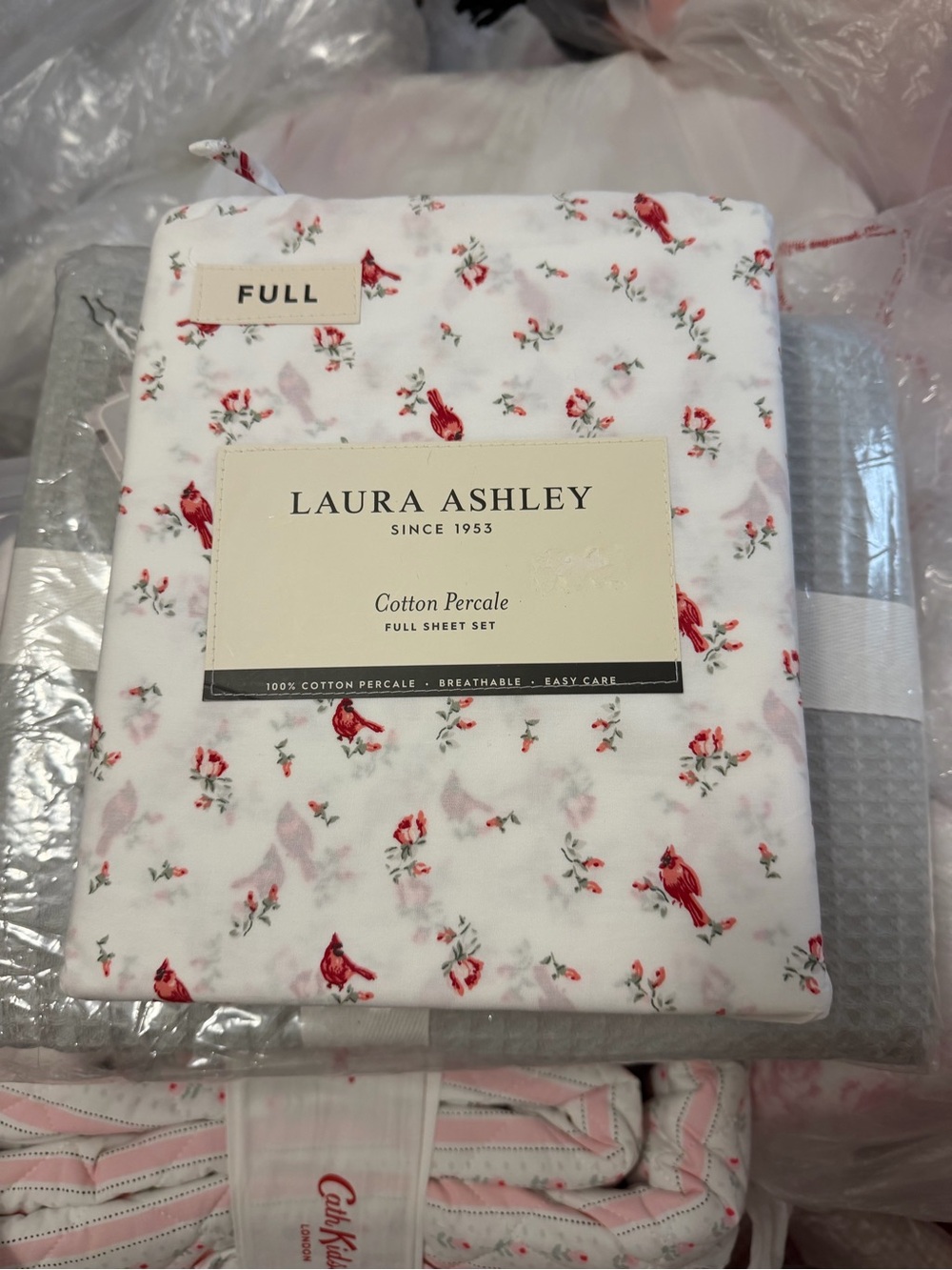 RED CARDINAL Birds Holly Sheet Set FULL Cotton Percale ~ Laura Ashley